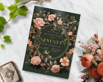 Invitación de cumpleaños victoriana, DESCARGA INSTANTÁNEA, Invitación botánica, floral, Invitación de cumpleaños número setenta, editable, Jane Austen, setenta, 70