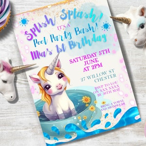 Unicorn Pool Party Invitation, first birthday,  INSTANT DOWNLOAD, pool party, mermaid party, 1 year old birthday girl, splish splash invite