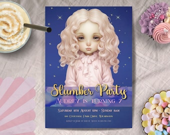 パジャマパーティーの誕生日招待状、即時ダウンロード、お泊まり会の招待状、招待状、パジャマパーティー、編集可能なテンプレート、映画パーティー