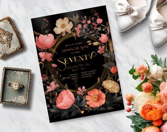 Invitación de cumpleaños victoriana, DESCARGA INSTANTÁNEA, Invitación botánica, floral, Invitación de cumpleaños número setenta, editable, Jane Austen, setenta, 70