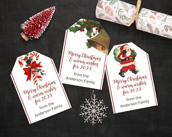 Vintage Christmas Gift Tags INSTANT DOWNLOAD editable and printable in Canva Santa, Bell, xmas tag template