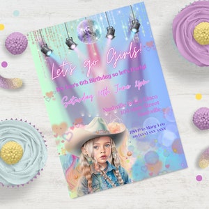 Le&#39;s Go Girls Cowgirl Disco 6th Birthday Invitation INSTANT DOWNLOAD for ANY age, girl&#39;s roller-disco party sixth Invite Canva Template