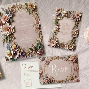 May include: A set of wedding invitations with a floral theme. The invitations feature a pink and gold color scheme with intricate floral designs and a gold frame. The text on the invitations reads "Luomia Emerson & Joshua Van Der Fleet" and "Saturday the 7th of May".