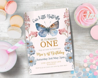 Our Little Butterfly is turning One Birthday Invitation INSTANT DOWNLOAD beautiful floral first birthday party invite, canva template