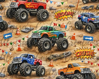 Naadloze Monster Trucks-print: digitaal bestand