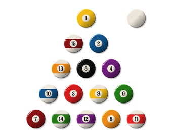 Billiards Pool Balls Magnets or Buttons Set (16 Pieces)