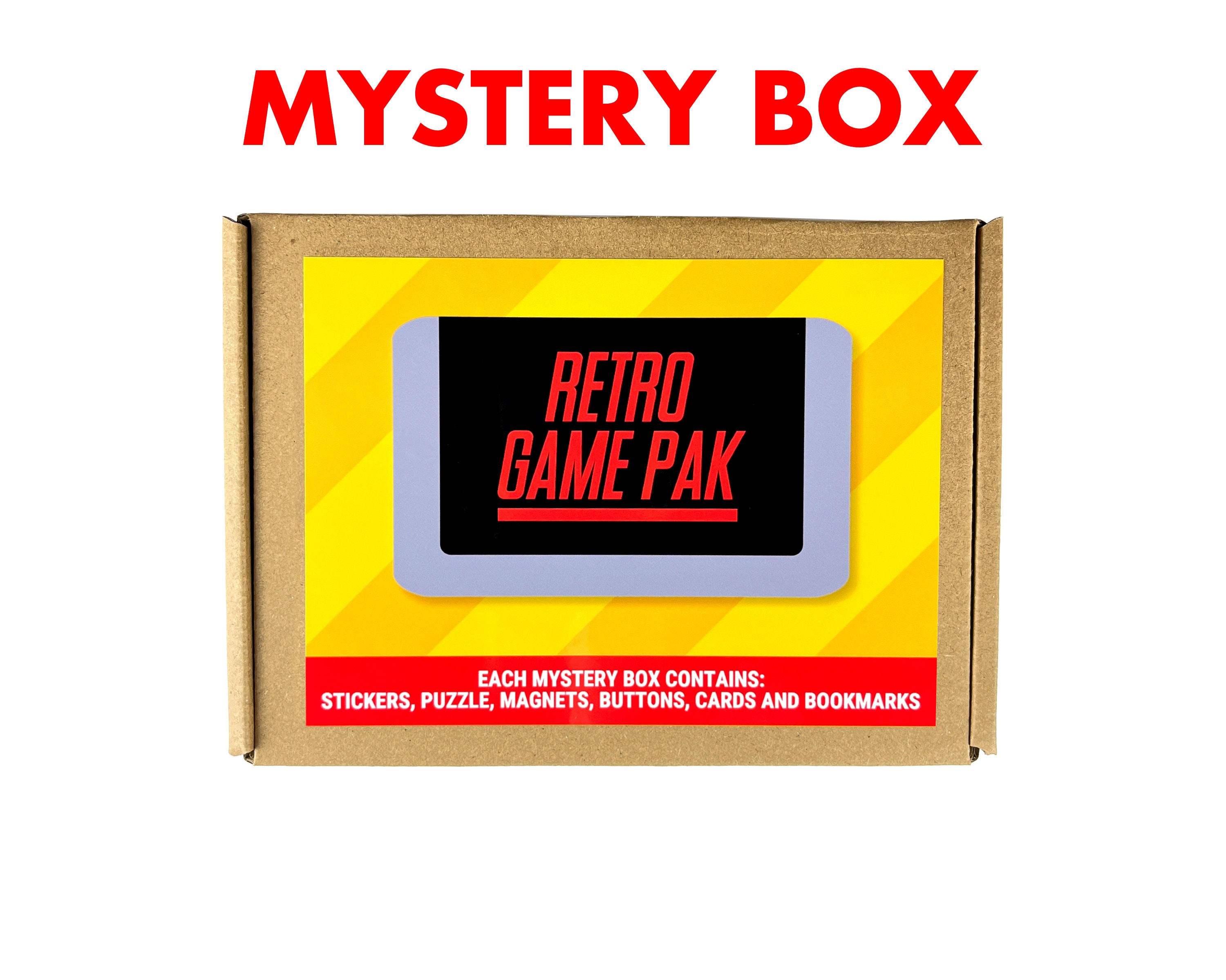 Retro Game Pak Mystery Box Video Game Stickers Puzzles Magnets Buttons  Cards Bookmarks