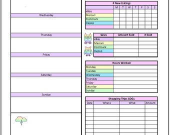 Puede incluir: Un planificador imprimible con un esquema de color pastel e ilustraciones de búhos. El planificador incluye secciones para notas, listas de tareas, tareas diarias personales, nuevas listas, ventas, horas trabajadas y viajes de compras.
