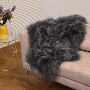Echte natuurlijke IJslandse GRAFIET-ZILVER schapenvacht tapijt, pelt, tapijt, gigantische schapenvacht tapijt, grote schapenvacht tapijt, schapenvacht 47x28"