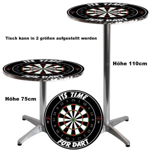 Könnte beinhalten: Ein schwarz-weißer Darttisch mit silbernem Untergestell. Der Tisch ist in zwei Höhen erhältlich: 75 cm und 110 cm. Die Tischplatte verfügt über eine Dartscheibe mit dem Text "It's Time For Dart".