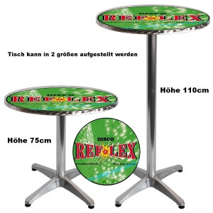 May include: Two silver metal tables with round green tops. The tops feature a white and red logo that says "Disco Reflex" with a star. The table on the left is 75cm tall and the table on the right is 110cm tall.