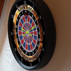 XXXL 50 cm wall clock Dart with fire rim & name or text black frame image 4