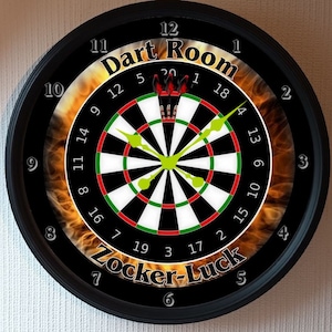 XXXL 50 cm wall clock Dart with fire rim & name or text black frame image 1