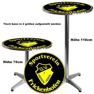 May include: Two round metal tables with black and yellow circular tops. The tops feature the text "Sportverein Frickenhofen" and a yellow shield with the text "S.V. Frickenhofen". The table on the left is 75 cm tall and the table on the right is 110 cm tall.