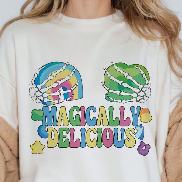 Magically Delicious St Patrick's Day Marshmallows PNG Sublimation Design, Cute, Funny Retro Adult PNG, Skeleton Hands Holiding Lucky Charms