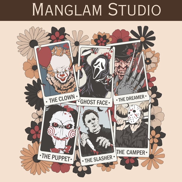 Halloween png, Horror Characters Tarot Card SVG,  Horror svg sublimation ,Jason, Freddy, Scream ghost , Michael Myers, tarot card png
