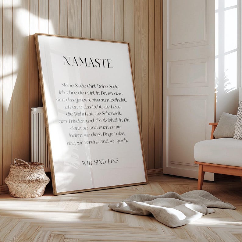 Puede incluir: Una impresi&oacute;n enmarcada con fondo blanco y texto negro. El texto dice "NAMASTE" en letras grandes en la parte superior y contin&uacute;a con un poema en letras m&aacute;s peque&ntilde;as. El poema dice: "Mi alma honra tu alma. Honro el lugar en ti donde reside todo el universo. Honro la luz, el amor, la verdad, la belleza, la paz y la sabidur&iacute;a en ti. Porque tambi&eacute;n est&aacute;n en m&iacute;. Al compartir estas cosas, estamos unidos, somos uno. SOMOS UNO."