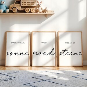 Kinderzimmer Poster 3er Set Sterne, Sonne, Mond – Wanddeko Babyzimmer Bilderwand im Boho Stil | Deko Junge Mädchen Poster u. Kinderposter