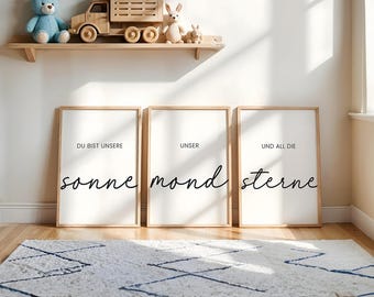 Kinderzimmer Poster 3er Set Sterne, Sonne, Mond – Wanddeko Babyzimmer Bilderwand im Boho Stil | Deko Junge Mädchen Poster u. Kinderposter