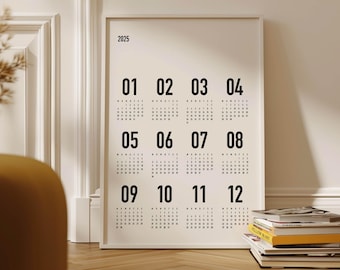 Wandkalender 2025 – Minimalistischer Kunstdruck Schwarz Weiß | Planung & Deko Poster » Design Monatskalender modern für Büro, Wohnzimmer