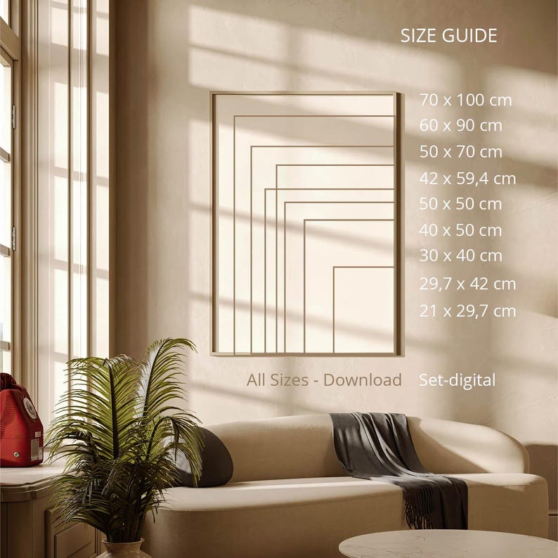 Puede incluir: Una gu&iacute;a de tallas para impresiones de arte digitales, que muestra diferentes tama&ntilde;os en cent&iacute;metros, incluyendo 70 x 100 cm, 60 x 90 cm, 50 x 70 cm, 42 x 59,4 cm, 50 x 50 cm, 40 x 50 cm, 30 x 40 cm, 29,7 x 42 cm y 21 x 29,7 cm. El texto "All Sizes - Download Set-digital" est&aacute; en la parte inferior de la imagen.