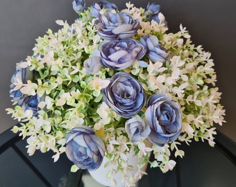 Mini Blue Ranunculus and White Greenery Artificial Bouquet in White Pot by Milda Smilga