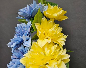Dahlia Artificial Flower Bouquet Blue and Yellow Home Decor Bouquet by Milda Smilga