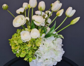 White Flowers Arrangement Real Touch Tulip Hydrangea Ranunculus Table Centerpiece in Ceramic Pot by Milda Smilga