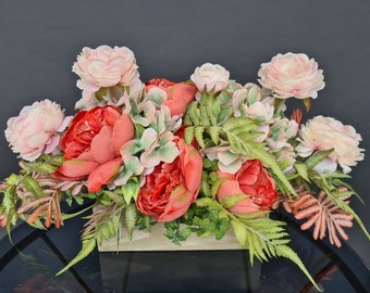 Peony Ranunculus Artificial Arrangement Table Centerpiece Country Farmhouse Bouquet Home Decor by Milda Smilga