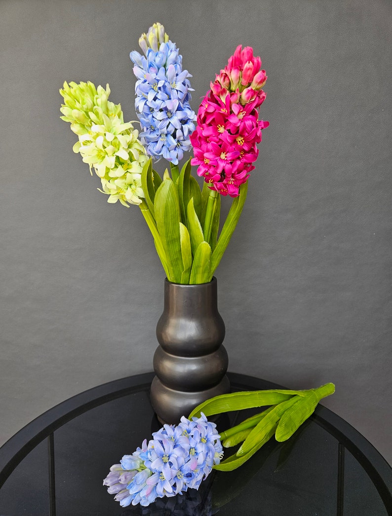 Hyacinth Flowers Bouquet 3 Stems Blue Green Purple Artificial Silk Latex High Quality Home Decoration Vase 40 cm height by Milda Smilga image 5