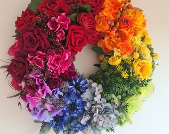 Rainbow Wreath Artificial Silk Flowers High Quality Durable Door Wall Decor LGBTQ Freedom
