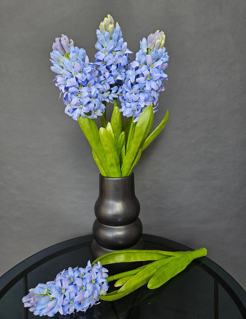 Hyacinth Flowers Bouquet 3 Stems Blue Green Purple Artificial Silk Latex High Quality Home Decoration Vase 40 cm height by Milda Smilga image 1