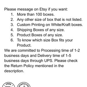May include: A white informational sign with black text detailing custom box ordering instructions, including options for bulk quantities, custom sizes, and printing. Two circular icons at the bottom feature a truck with the text Free Shipping and a thumb.