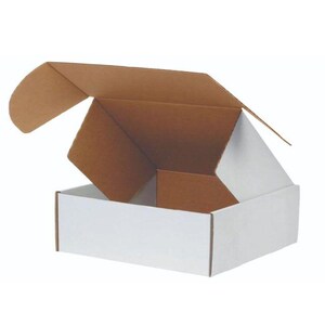 May include: A square cardboard shipping box with a white exterior and a natural brown interior. The box features a hinged lid that is partially open, revealing the brown corrugated paper structure inside the container.