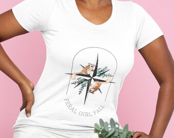 Koszulka z jesiennym nadrukiem Feral Girl | Zabawny wzór kompasu z oposa
