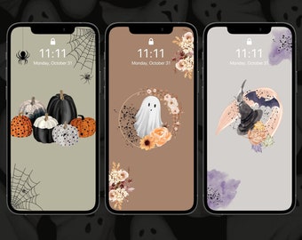 Uroczy Halloween Spooky Download Pack | Tapeta na iPhone'a z duchami | Tło gotyckie z dyniami | Kapelusz czarownicy | Pajęczyny 3 szt. (POBIERANIE CYFROWE)