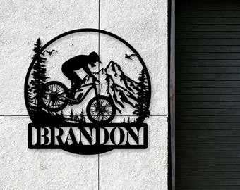 Letrero de bicicleta de montaña personalizado, arte de pared de metal de bicicleta de montaña personalizado, letrero con nombre de ciclista, regalo de ciclista, decoración de garaje de bicicleta, regalo para amantes de la bicicleta
