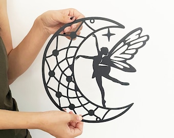 Moon Fairy Metal Sign,Fairy Garden Decor,Fairy Wing Wall Art,Fairy Silhouette Wall Decor,Fairy On The Moon,Metal Fairy Art,girl room decor