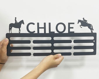 Custom Horse Medal Hanger,Personalized Horse Rider Name Medal Hanger, Sport Display Awards Sign,12 Rungs for Medals & Ribbons,Nusery Decor