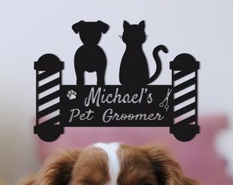 Spersonalizowany Groomer dla psów, Metalowa sztuka ścienna do salonu dla zwierząt, Spersonalizowany znak z nazwą Groomera, Dekoracja do pielęgnacji zwierząt, Dekoracja salonu fryzjerskiego dla zwierząt