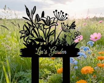 Letrero metálico para jardín, Letrero personalizado con nombre para jardín, Letrero para jardín con estacas, Letrero floral personalizado, Decoración para jardín, Arte metálico para jardín, Regalo para jardinero