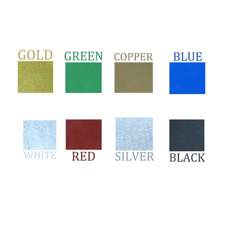 May include: A chart showing ten different colors, with the color name written in black text below each color swatch. The colors are gold, green, copper, blue, white, red, silver, black, brown, and purple.