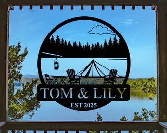 Letrero metálico para exteriores, letrero metálico de casa del lago, letrero personalizado para fogata, letrero para cabaña, letrero para camping, letrero con apellido, regalos para camping, decoración para caravanas