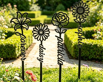 Estaca conmemorativa floral personalizada, marcador de tumba de metal con nombre, placa de cementerio de rosas, flor de nacimiento, estaca de jardín conmemorativa