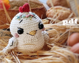 2 in 1 Easter Bird Chicken Amigurumi Pattern with Flower Embroidery. Cute Hen Toy PDF Tutorial for DIY Craft. Instant Digital Download