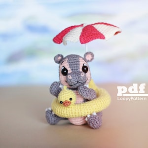 Crochet pattern Hippo, DIY amigurumi hippo tutorial, PDF Digital Download, summer crochet pattern, swim duck ring pattern, beach umbrella