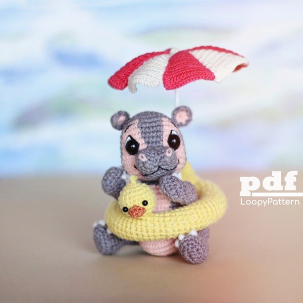 Crochet pattern Hippo, DIY amigurumi hippo tutorial, PDF Digital Download, summer crochet pattern, swim duck ring pattern, beach umbrella