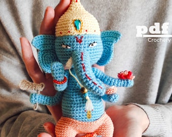 Amigurumipatroon Lord Ganesha. PDF Haaktutorial Decorbeeldje Indische olifant. DIY kleurrijk standbeeld hindoegod van Crochery