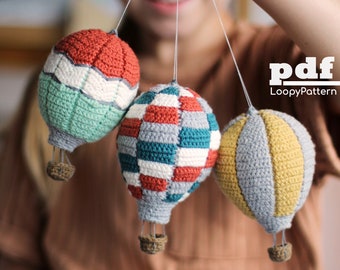 Crochet pattern Hot-air balloon amigurumi, PDF Digital Download, Baby mobile for nursery, English and Dutch languages