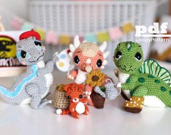 3 in 1 Crochet pattern dinosaurs #4 amigurumi toy, velociraptor toy, stygimoloch tutorial, spinosaurus pdf pattern